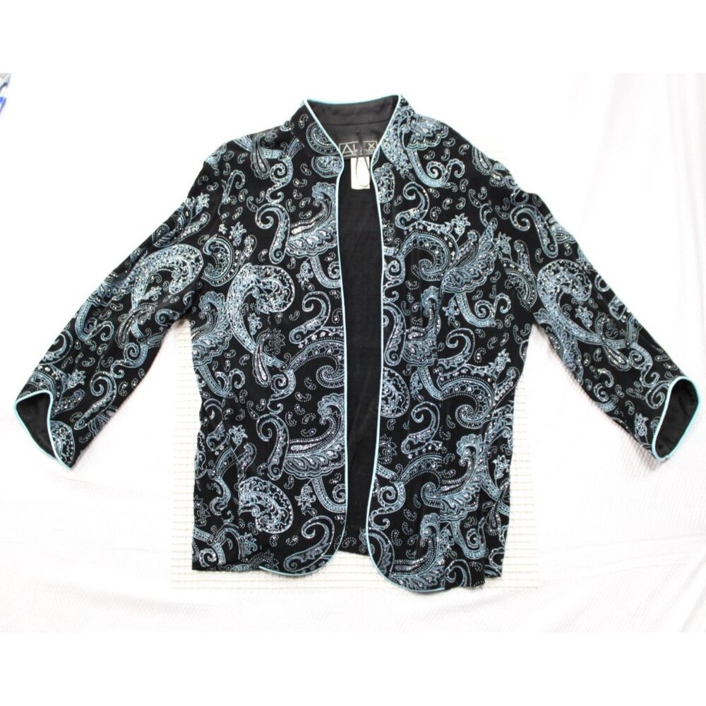 Alex Evenings Womens Black & Silver Paisley Sparkle Satin Jacket Large